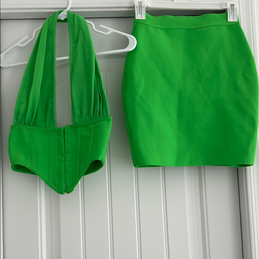 Vibrant Green Halter Top and Skirt Set